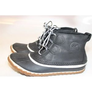 Sorel NL2133-011 Out N About Womens 6.5 37.5 Black Leather Lace Up Duck Boots